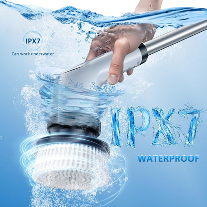 Electric Spin Scrubber Upgraded Battery with Extra-Long Runtime, IPX7 Waterproof Power Cleaner with 7 Brush Heads, 2 Speeds Adjustable Long Handle for Bathroom, Floor, Shower