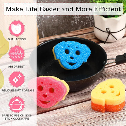 FillTouch 6 Pcs Dog Dual Sided Scrub Sponge Cleaning Sponges Cute Temperature Sensitive Dish Sponges for Washing Dishes Non Scratch Household Multi Use Sponges Scrubber for Kitchen, 3 Colors