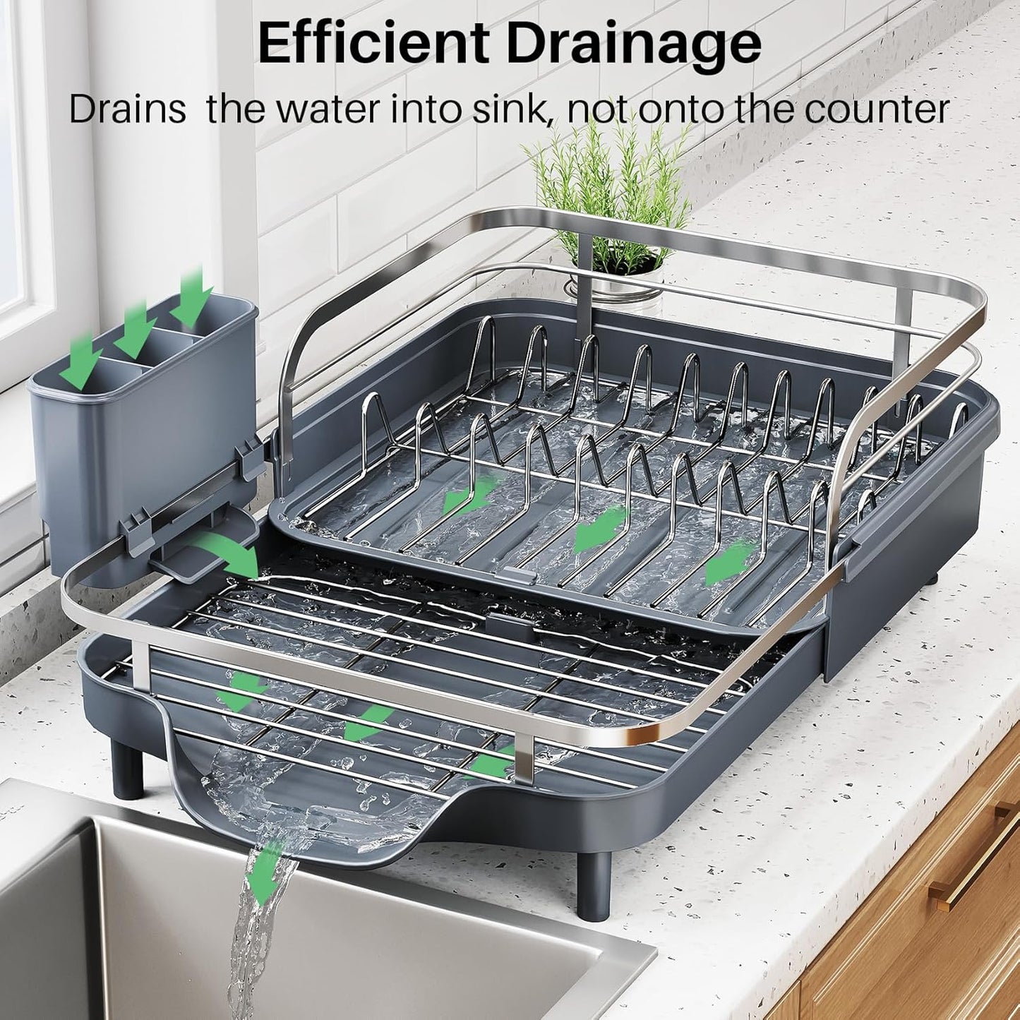 SNTD Dish Drying Rack, Expandable Dish Rack for Kitchen Counter, Stainless Steel Dish Drainer with Drainboard Set and Utensil Holder (Black)