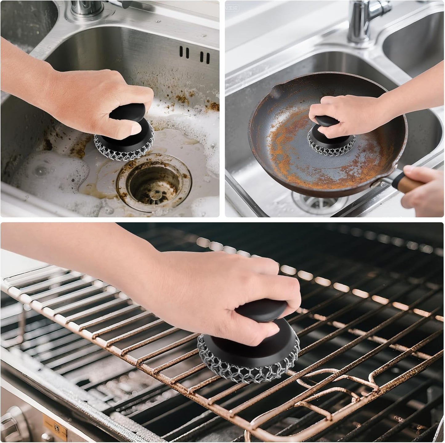 Cast Iron Scrubber Cleaner, Chainmail Scrubber for Cast Iron Pan Skillet, Dish Scouring Pad, 316 Stainless Steel Brush/Scraper for Metal Skillet Scrubbing, Wok, Dutch Oven Cleaning Kit - Thin Mesh