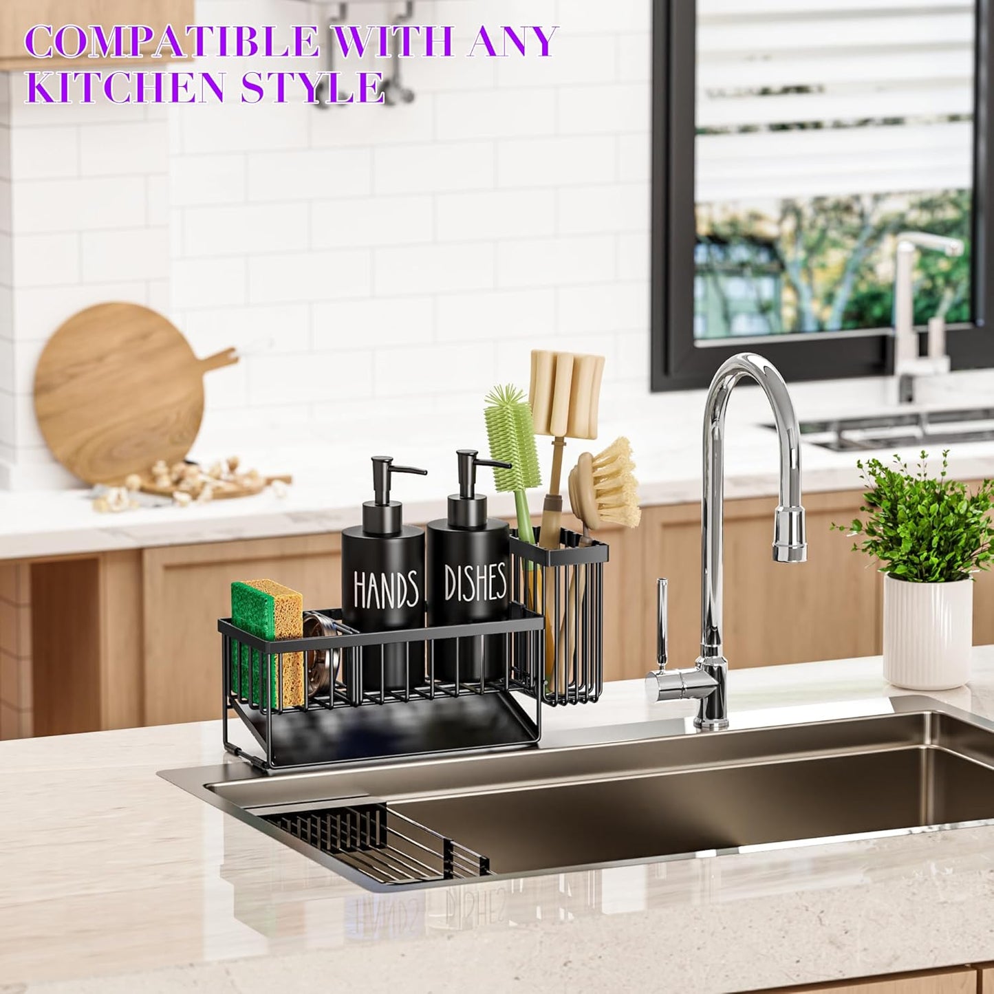 MASADI Kitchen Sink Caddy with Dish Soap Dispenser Set, 12OZ Glass Bottle, Hand and Dish Soap Dispenser Set, Non-Slip Silicone Pad, Brush Holder, Kitchen Sink Organizer Countertop (Black+Clear)