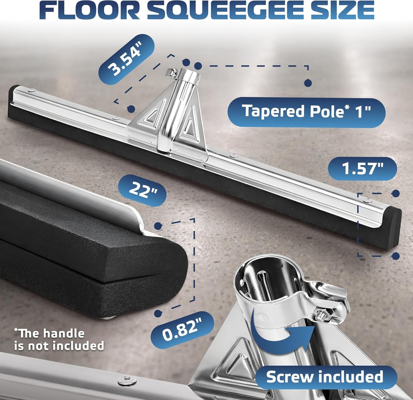 DSV Standard Heavy-Duty Floor Squeegee 22’’, Double Foam Rubber Blade Garage Squeegee, Taper Pole Connection - Handle Sold Separately for Tiles, Concrete and Asphalt