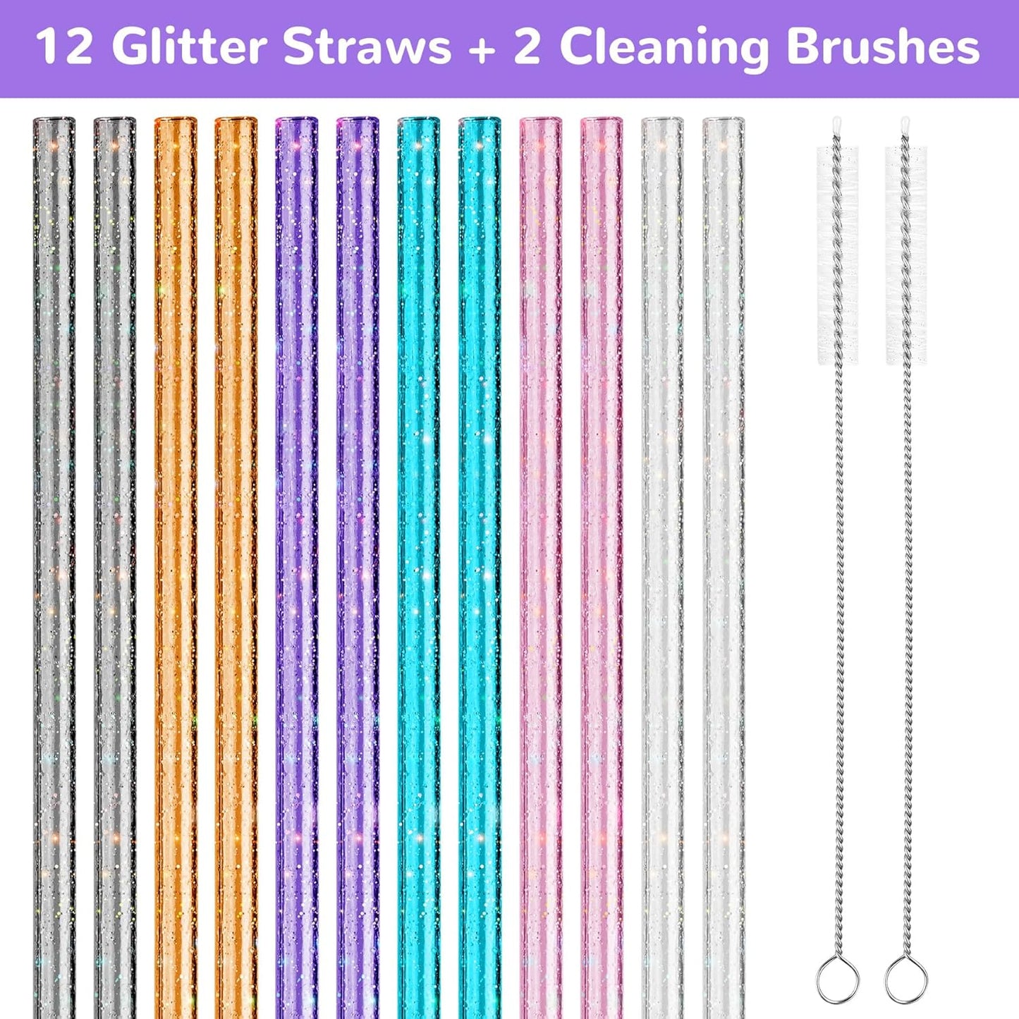 NiHome 12-Pack Glitter Replacement Straws for Stanley Tumbler 40OZ & 2 Cleaning Brushes Set, 12" Length BPA-Free Durable PETG Material for Various Beverages & Cups, Adds Sparkle to Your Drinks (Clear)