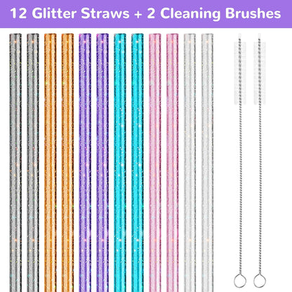 NiHome 12-Pack Glitter Replacement Straws for Stanley Tumbler 40OZ & 2 Cleaning Brushes Set, 12" Length BPA-Free Durable PETG Material for Various Beverages & Cups, Adds Sparkle to Your Drinks (Clear)