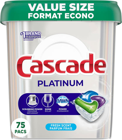 Cascade Platinum Dishwasher Pods, Dish Detergent ActionPacs, Fresh, 75 Count