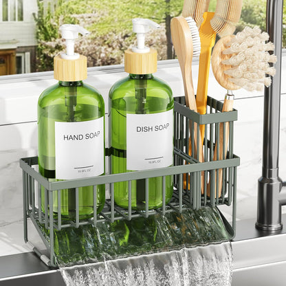 Cisily Kitchen Dish Soap Dispenser Set with 2 Pack 16.9oz Black Glass Bottle and Sponge Holder, Dish Soap Dispensers with Adjustable Sponge Holder, Vintage Hand and Dish Soap Dispensers Set