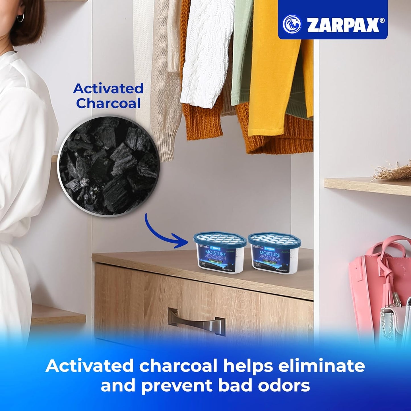 ZARPAX Moisture Absorber Activated Charcoal 10.5 oz/300g | Removes Moisture, Damp, Humidity & Odors | Odor Absorber | Moisture Trap for Bathroom, Closet, Kitchen & Small Spaces | Set of 6