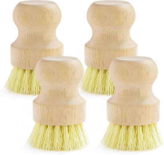 4-Pack Bamboo Dish Brush, Palm Brush Dish Scrubber with Nylon Bristles for Cleaning Pot, Pan, Kitchen Sink, Cookware & Vegetables