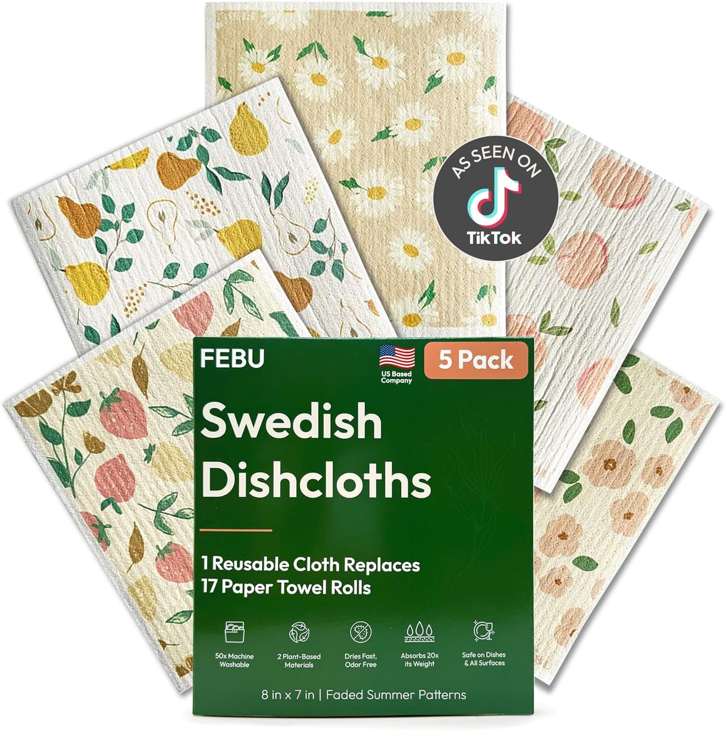 FEBU Swedish Dishcloths for Kitchen | 5 Pack Watercolor Reusable Paper Towels Washable | Swedish Dish Towels | Non-Scratch Cellulose Sponge Cloths | No Odor, Biodegradable Cleaning Cloths