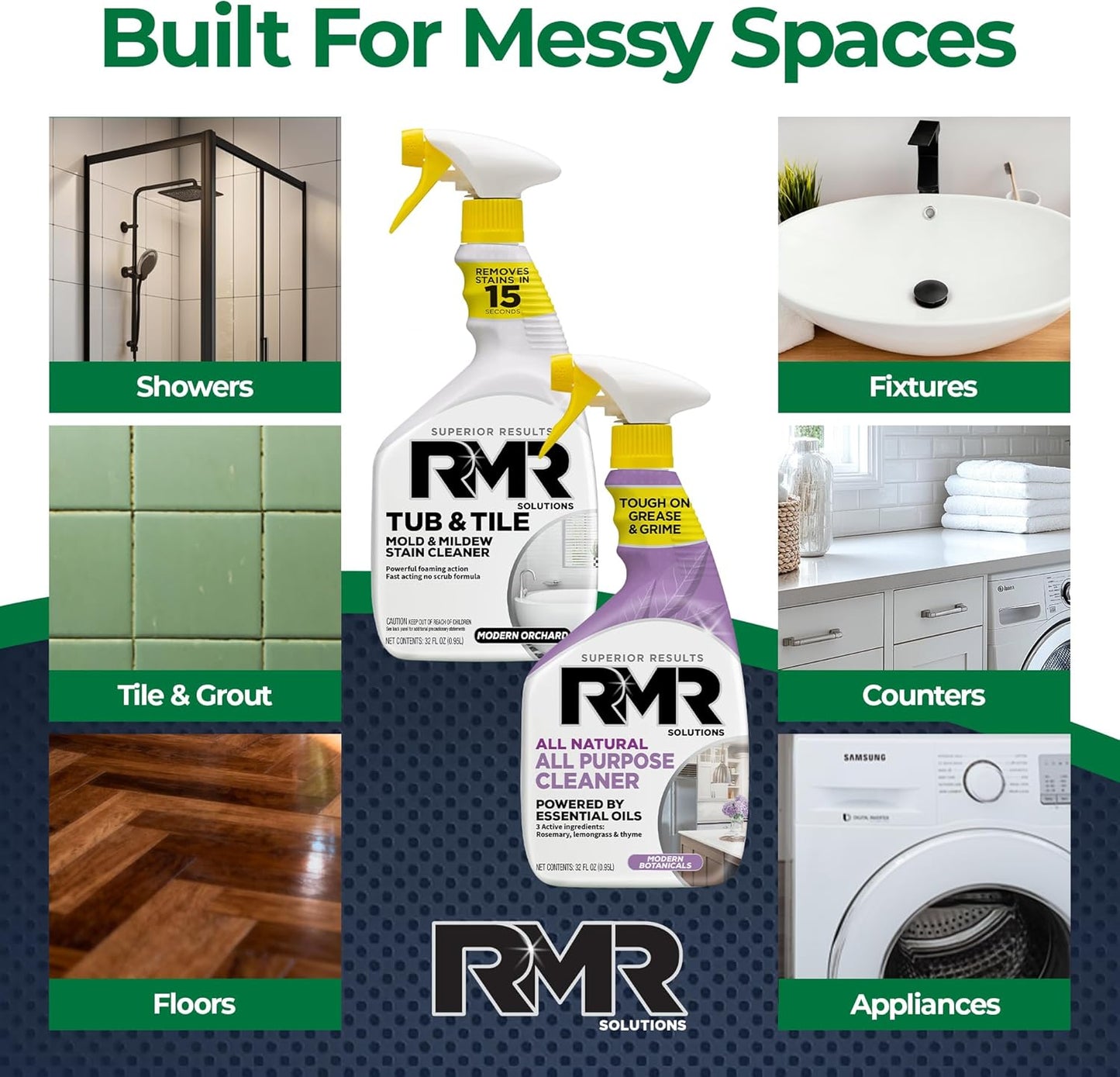 RMR Surface Saver System – Tub & Tile Stain Remover + All Natural All Purpose Cleaner, 2-Step Bathroom & Surface Cleaning Bundle for Tile, Grout, Shower, Tub, Counters & More, 2–32 Oz Bottles