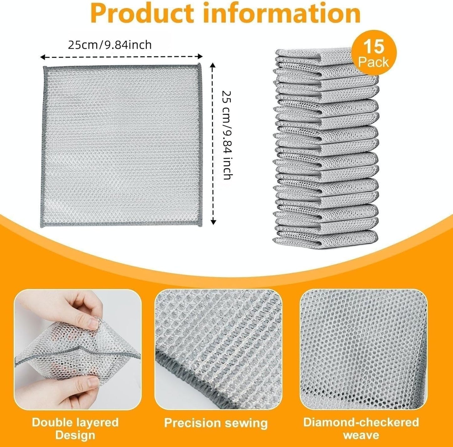 Extra-Large Size Multipurpose Wire Dishwashing Rag,Non Scratch Wire Dishcloth, Reusable Steel Wool Scrubber,Non-Scratch,Quick-Drying,Multi-Purpose for Kitchen,Bathroom Cleaning (15)