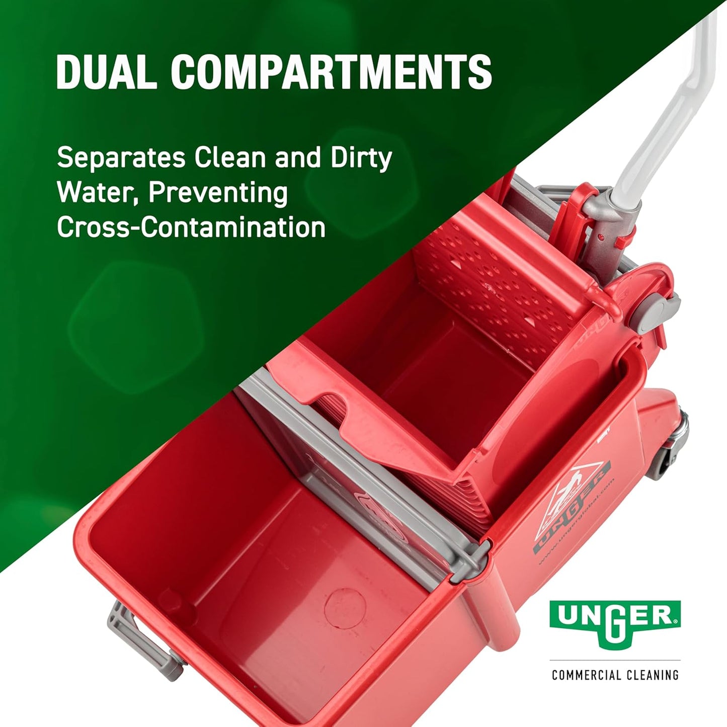 Unger Commercial - SmartColor Dual-Compartment Restroom Mop Bucket with Side-Press Wringer, 16 qt, Red - Restroom Cleaning - COMSR