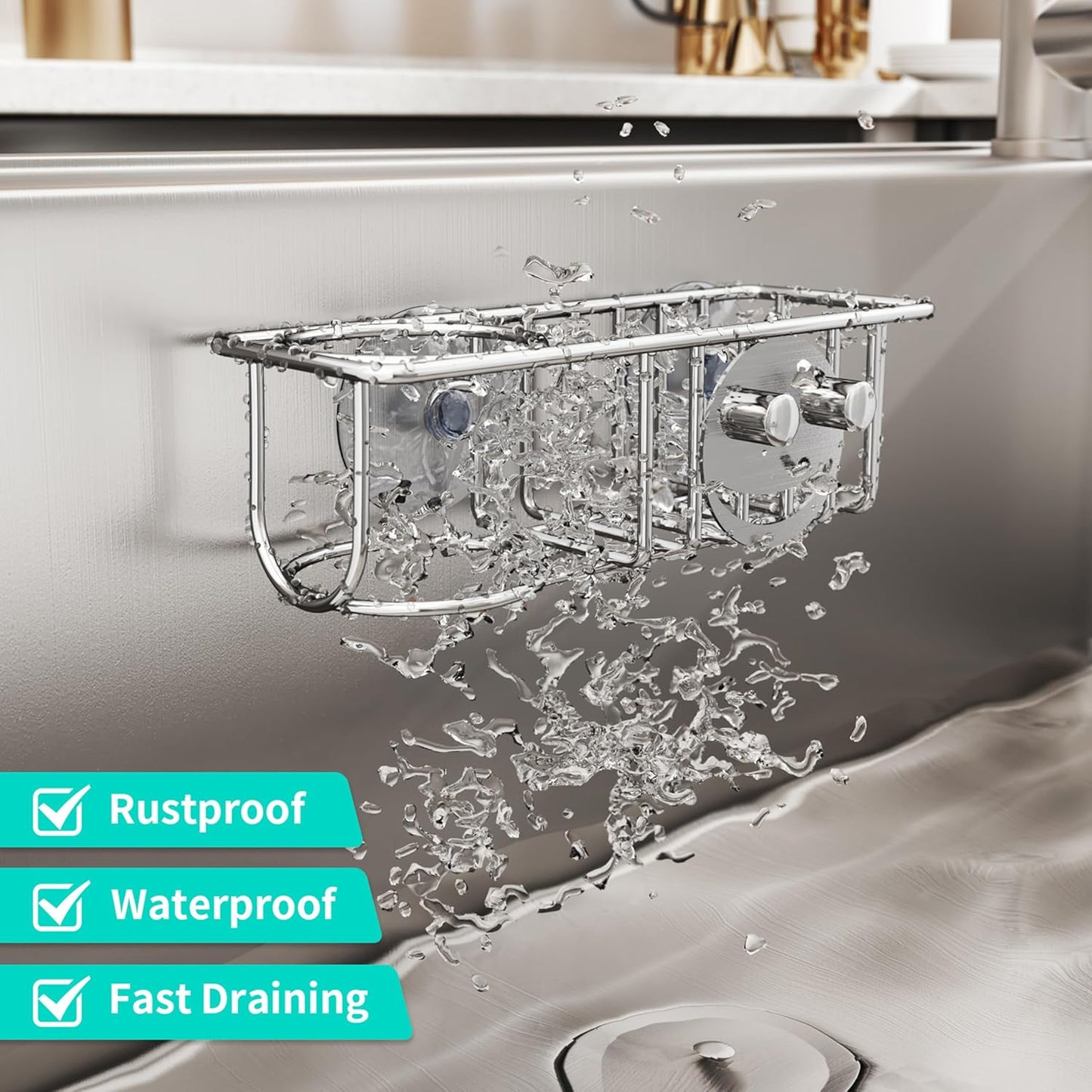 HapiRm 4 in 1 Kitchen Organizers and Storage, SUS304 Stainless Steel Brush Holder + Dish Cloth Hanger + Soap Rack + Sink Stopper Rack, No Drill Kitchen Essentials - Black