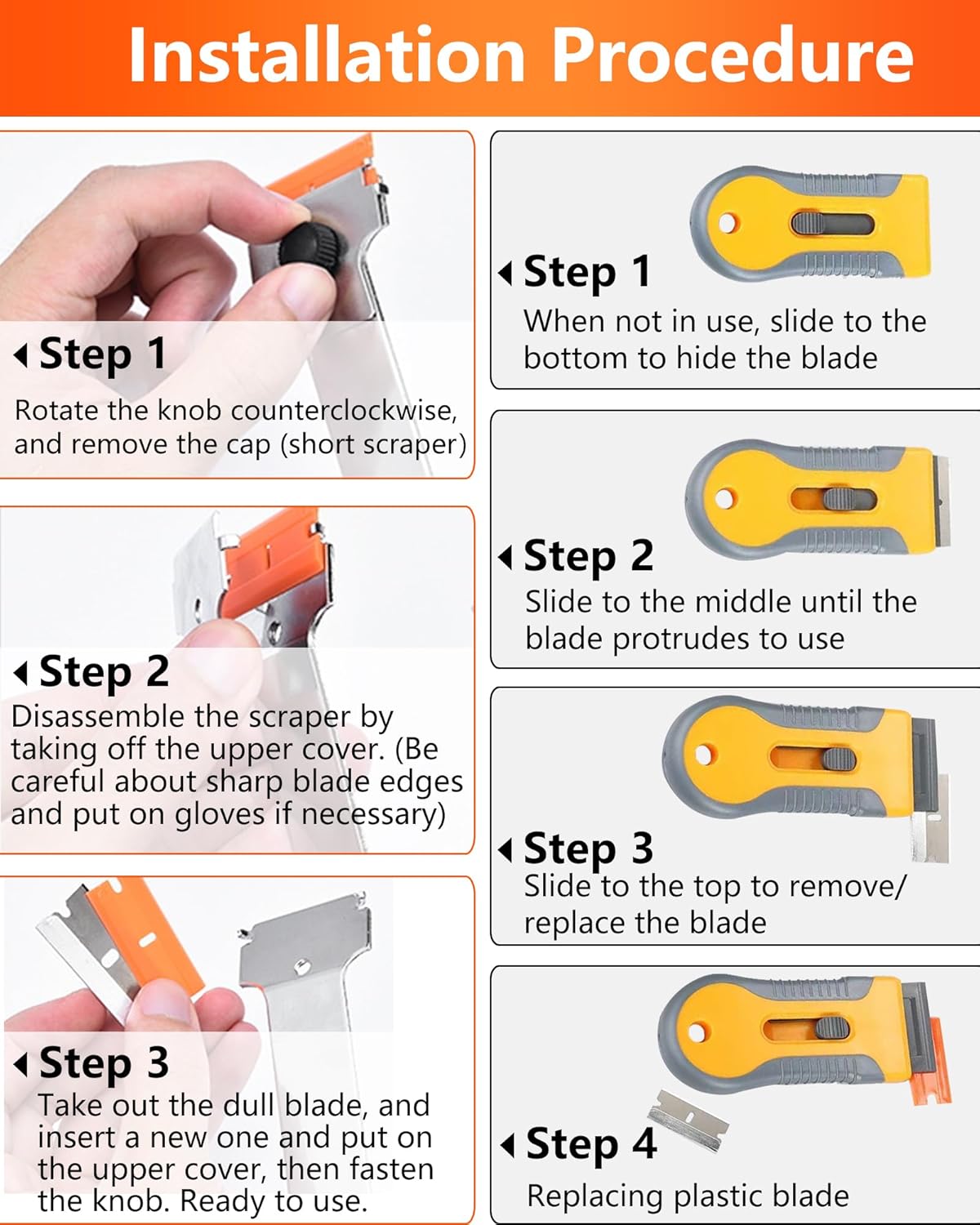 2 Pack Razor Blade Scraper with 10 Plastic and 20 Metal Blades for Removing Paint, Registration Sticker, Grease from Windshield, Glass Top Stove Cooktop Scraper