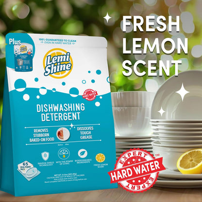 Lemi Shine Natural Dishwasher Detergent Pods + Dishwasher Cleaner 1 ct | All-In-One Powder & Gel Pods with Powerful Citric Acid | Eco Friendly Dish Wash Cleaning Supplies - 65 Count