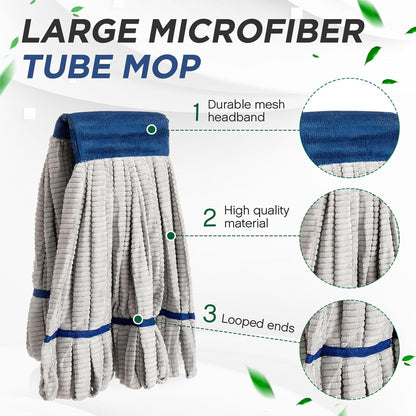 Hushee 6 Pack Large Microfiber Tube Mop Heads 18 oz Heavy Duty Commercial Industrial Wet Mop Head Refill Reusable Machine Washable Looped End Mopheads for Hardwood, Tile, Laminate Floors (Blue)