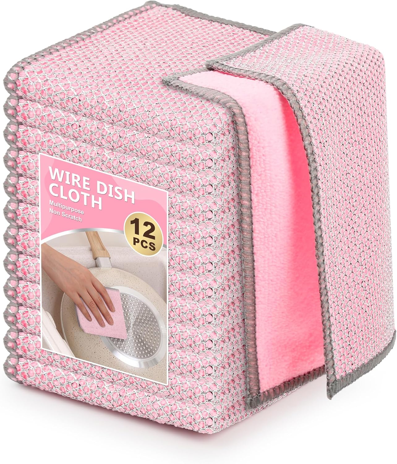 12Pack Multipurpose Wire Dishwashing Rags, Upgrade Non Scratch Wire Dishcloth, Silver Mesh Dish Cloths, Reusable Metal Mesh Cleaning Cloths, Steel Scrub Rags for Kitchen/Stove/Oven/Bath