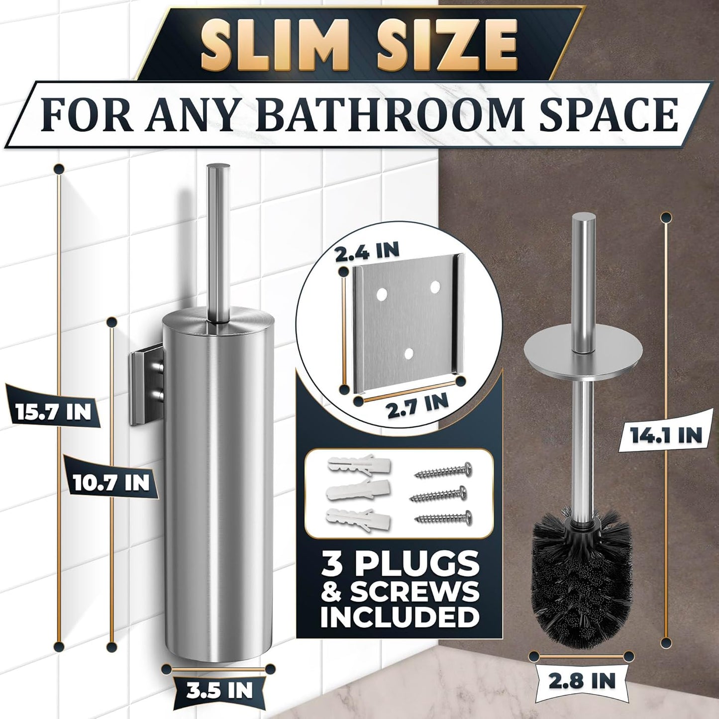 Stylish Stainless Steel Toilet Brush and Holder Set - Silver Toilet Bowl Brush and Holder with Splash Cover, Sturdy Bristles, Corrosion & Scratch Resistant - Elegant Design, Effective Deep Cleaning