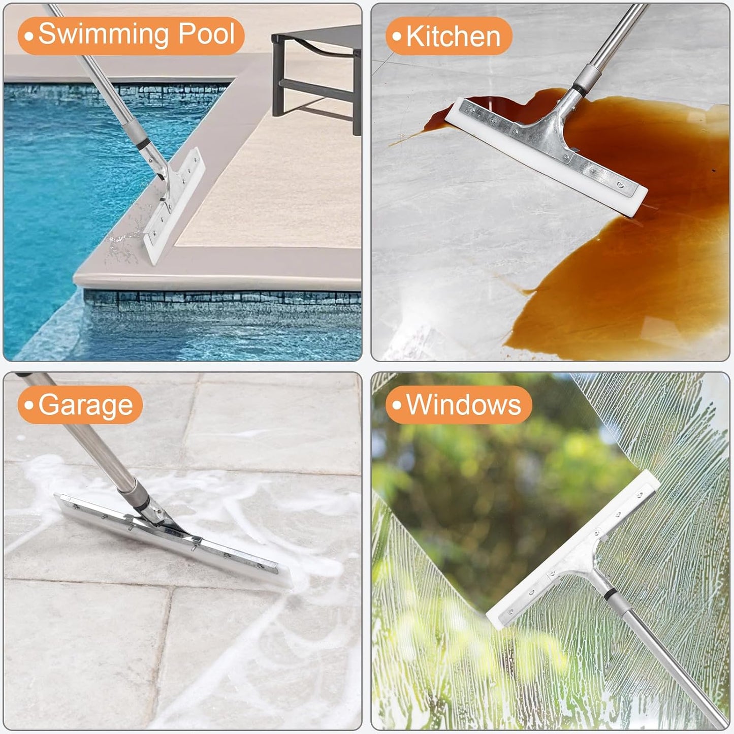 Floor Squeegee for Concrete Floor, 16" Large Heavy Duty Squeegee for Floor, Rubber Broom with 61" Long Handle - Ideal for Bathroom Tile, Garage Concrete, Deck, Shower Glass, Window Cleaning