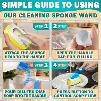 Dish Wand with Soap Dispenser - Dish Sponge with Handle for Quick Dishwashing, High-Density Non-Scratch Cellulose Head, 7 Sponge Refills Included - Leak-Proof Design for Clean & Easy Soap Control