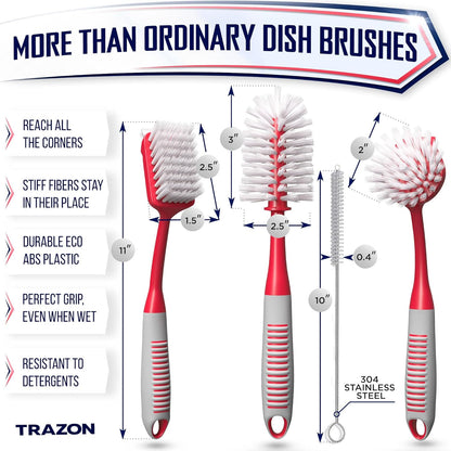 Dish Brush Set of 5 with Holder - Kitchen Scrub Brushes with Non-Slip Long Handle for Cleaning, Scrubber, Dishwashing, Dishes, Bottles, Straws, Cups, Pots & Sink, Black