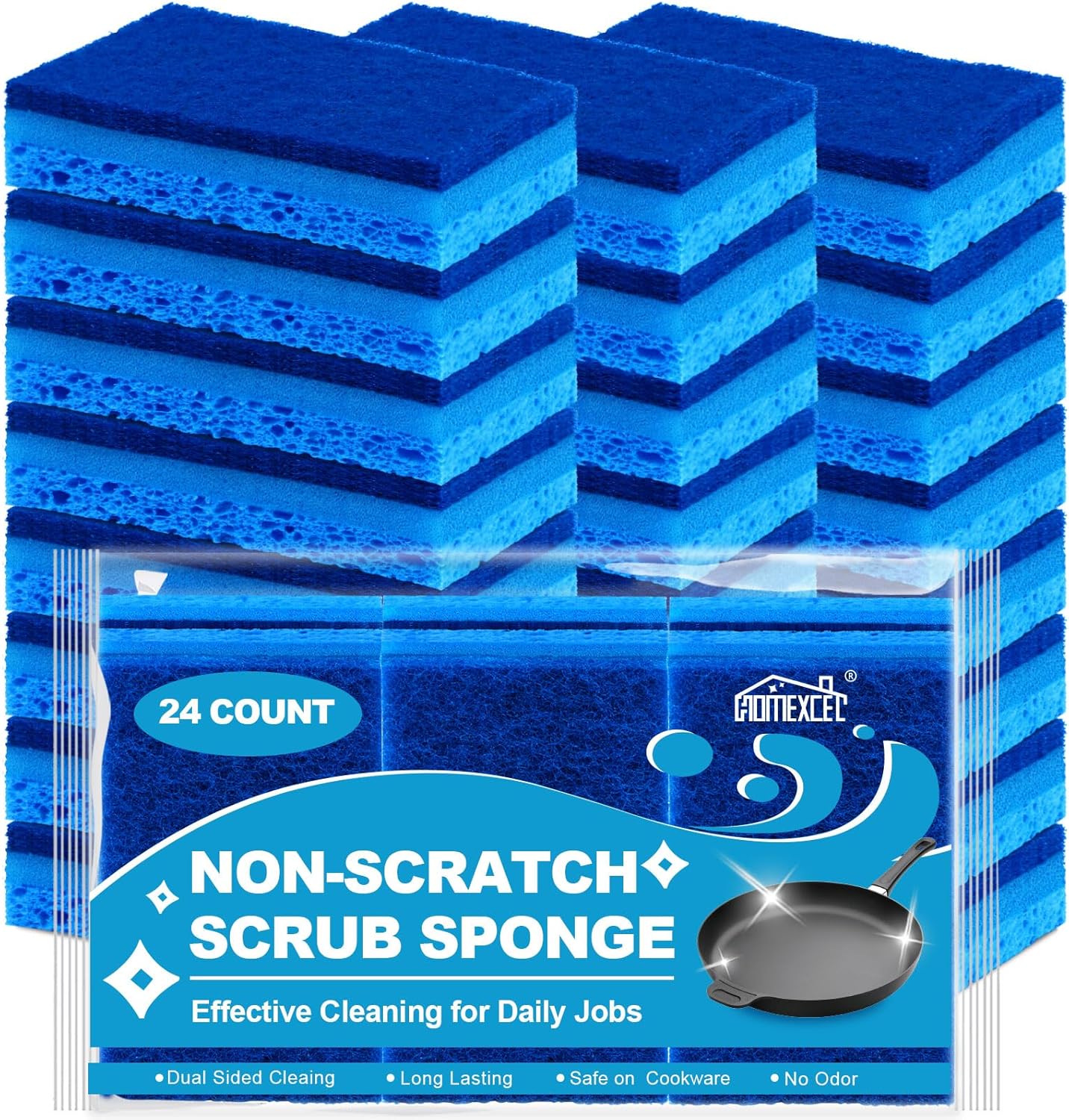 HOMEXCEL Sponges Kitchen 12pcs, Non-Scratch Scrub Dish Sponge Safe on Non-Stick Cookware, Dual Sided Cleaning Sponges for Kitchen, Household, Bathroom and More