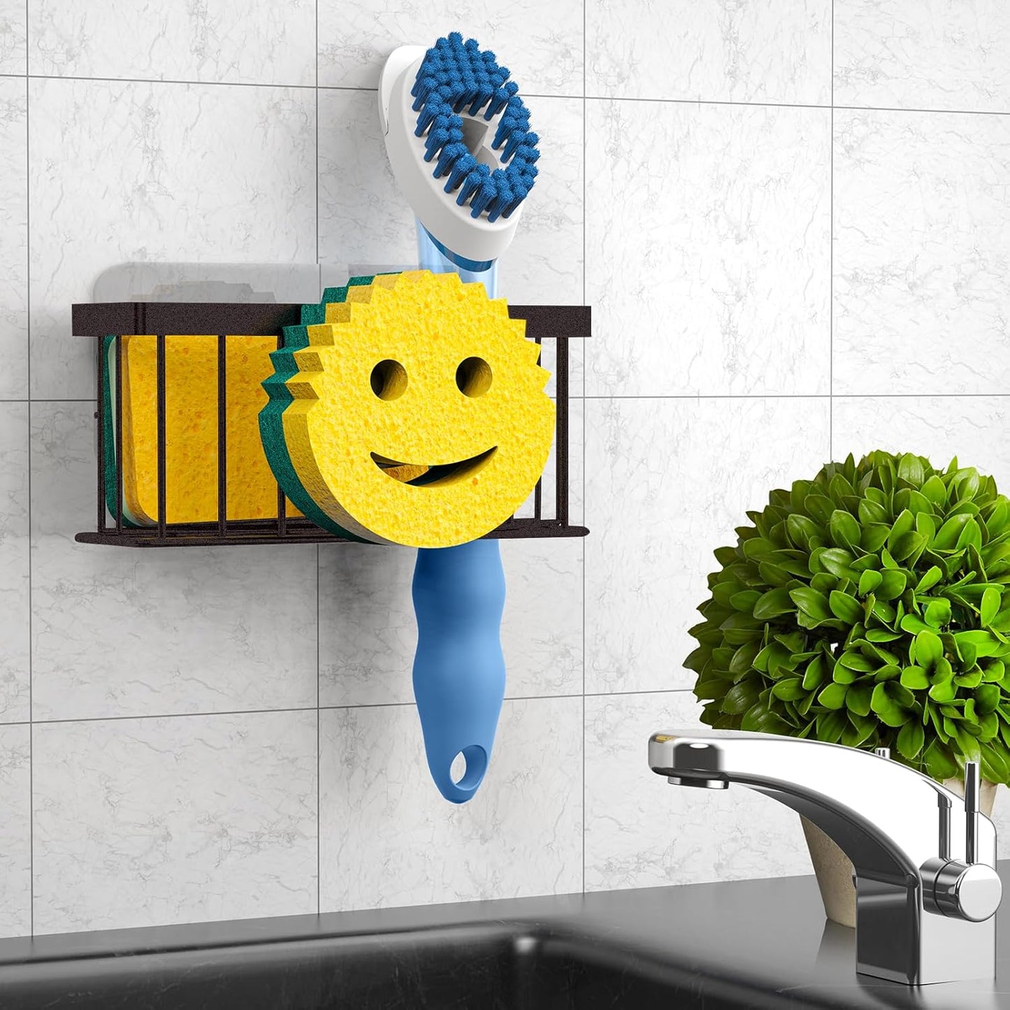 MURLONG Sponge Holder Smiley Face, Sink Caddy for kitchen Sink, Kitchen Organizer Sponge Holder with 2 PCS Suction Cups/1 PCS Adhesive Strips, Designed for Sponge, Soap, Dish brush, Scrubber-Black