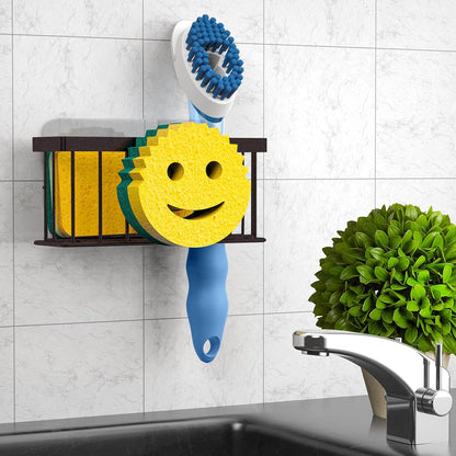 MURLONG Sponge Holder Smiley Face, Sink Caddy for kitchen Sink, Kitchen Organizer Sponge Holder with 2 PCS Suction Cups/1 PCS Adhesive Strips, Designed for Sponge, Soap, Dish brush, Scrubber-Black