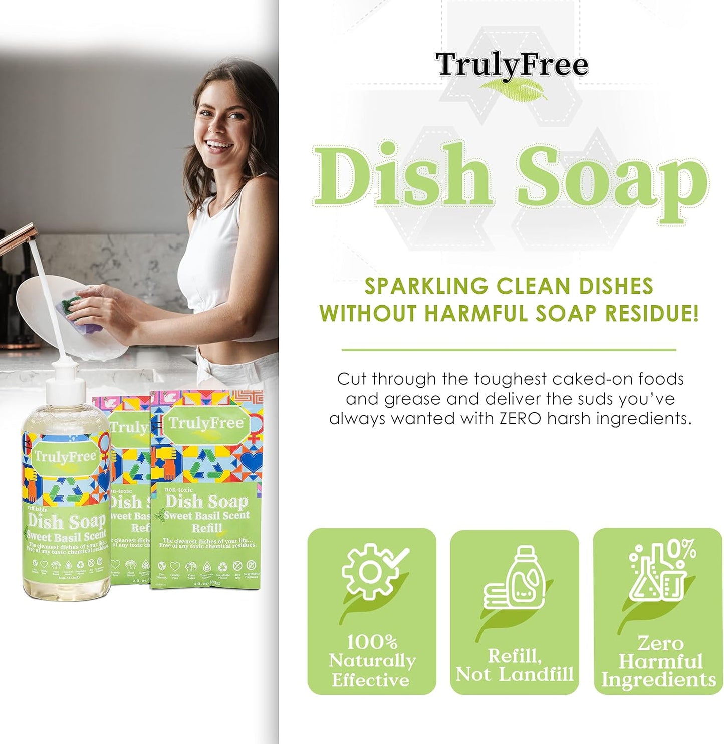 Truly Free Non Toxic Dish Soap Kit | Natural Concentrated Dishwashing Liquid - Sweet Basil Scent | Organic Plant-Based | Family Safe - Eco-Friendly Formula | 16 fl oz