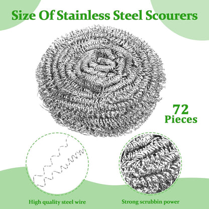 72 Pieces Stainless Steel Scrubber Bulk Steel Wool Scrubber Metal Sponge Wire Scouring Pad Heavy Duty Clean Dish Pot Pan and Oven for Kitchen, Bathrooms, and More
