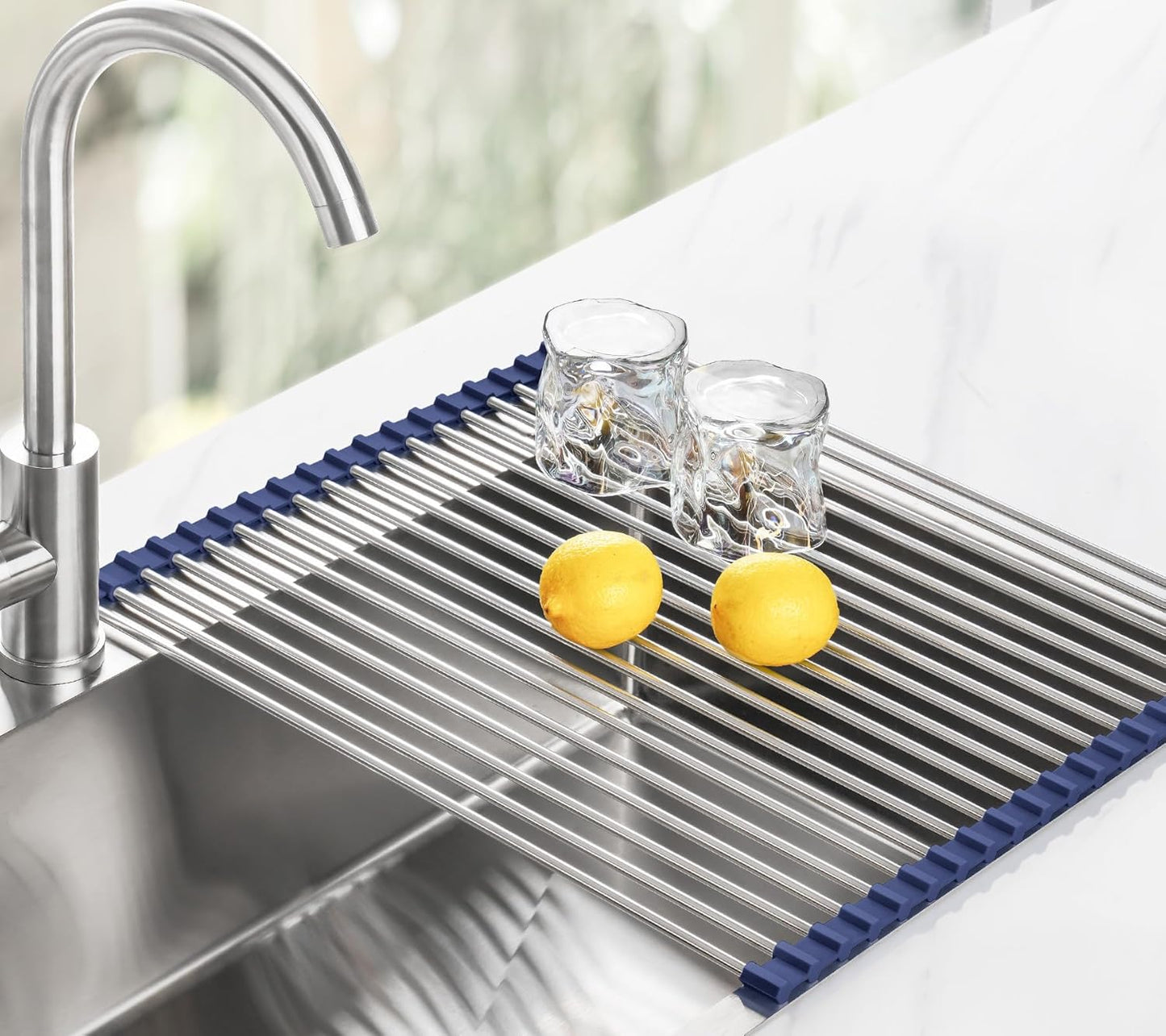 Tomorotec 17.7" x 15.5" Roll Up Dish Drying Rack Over Sink Drying Rack Sink Cover Kitchen Sink Accessories Gadget Multipurpose Organizer Foldable Stainless Steel Drainer (Grey)