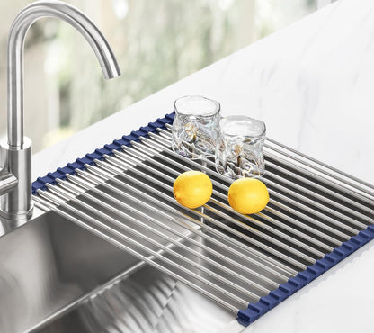 Tomorotec 17.7" x 15.5" Roll Up Dish Drying Rack Over Sink Drying Rack Sink Cover Kitchen Sink Accessories Gadget Multipurpose Organizer Foldable Stainless Steel Drainer (Grey)