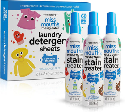 Miss Mouth's Messy Eater Stain Treater Spray - 4oz 2 Pack Stain Remover - Newborn & Baby Essentials - No Dry Cleaning Food, Grease, Coffee Off Laundry, Underwear, Fabric