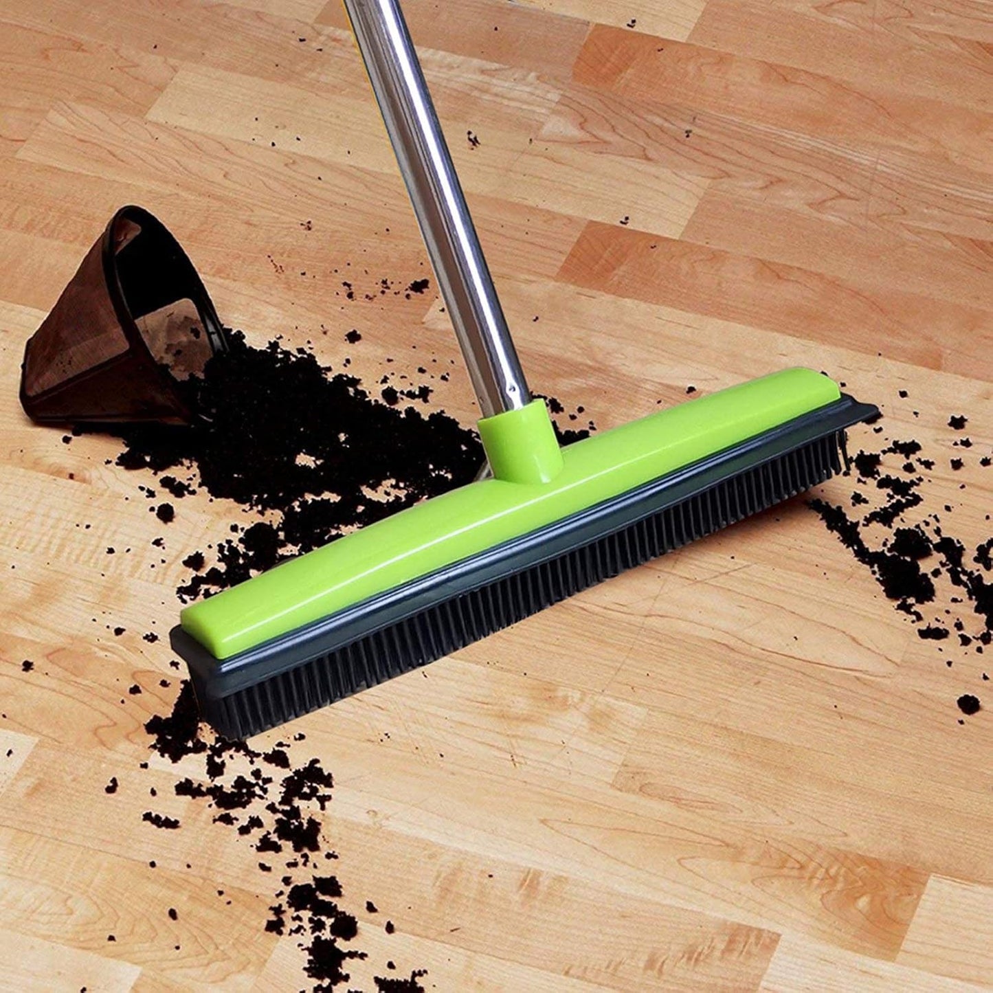 Telescopic Rubber Broom with Squeegee, Multifunction Adjustable Pet Hair Removal Carpet Rake for Fluff Rug Hardwood Floor (Black)