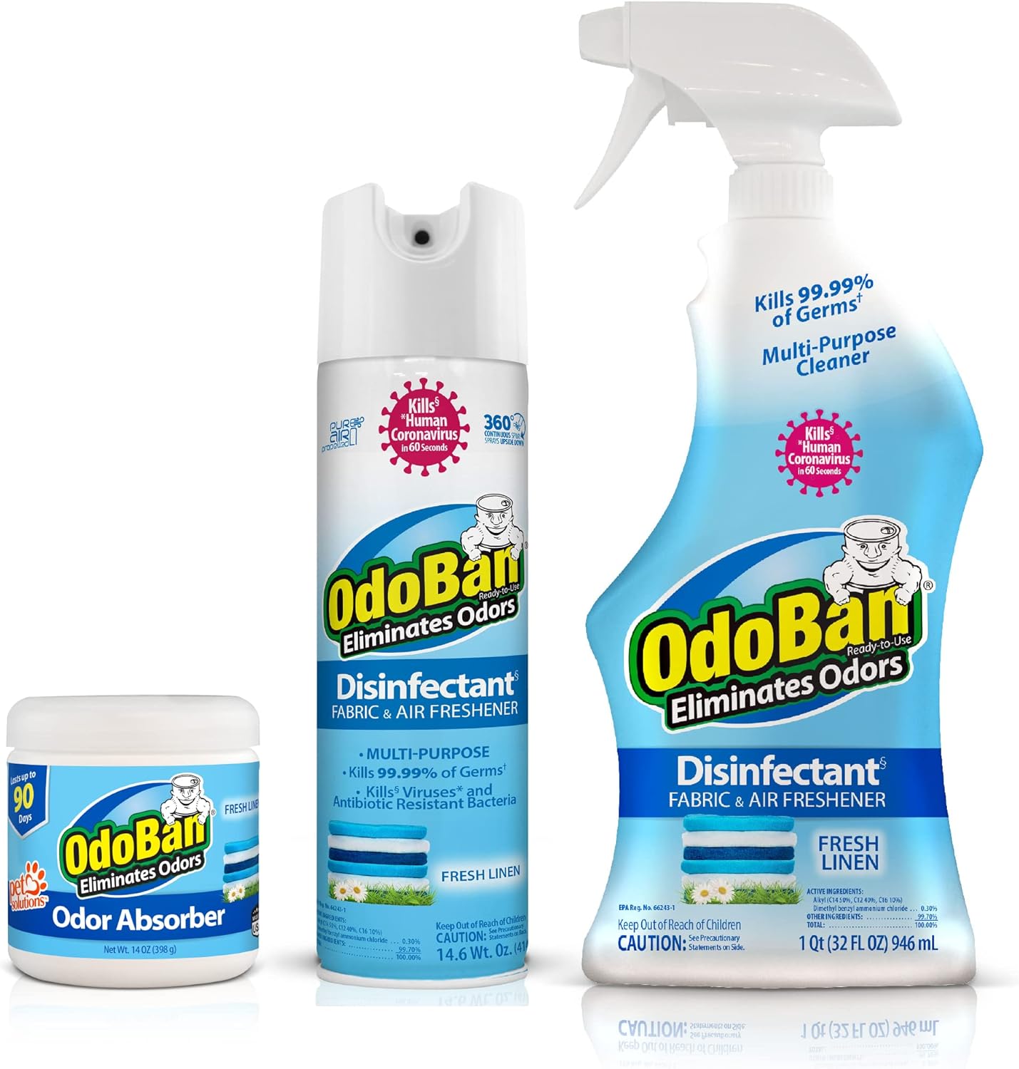 OdoBan Ready-to-Use Disinfectant and Harsh Aroma Eliminator, Cleaner and Fabric/Air Freshener, Set of 2, 14.6 Ounce 360-Degree Continuous Spray and 32 Ounce Trigger Spray, Fresh Linen Scent