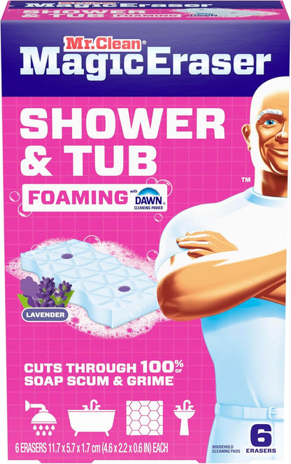 Mr. Clean Magic Eraser Sponge, Bathroom Cleaner, Shower Cleaner, Tub Cleaner, Soap Scum Remover, Bathroom Cleaning Supplies, Dawn Cleaning Power with Febreze Lavender Scent, 5ct