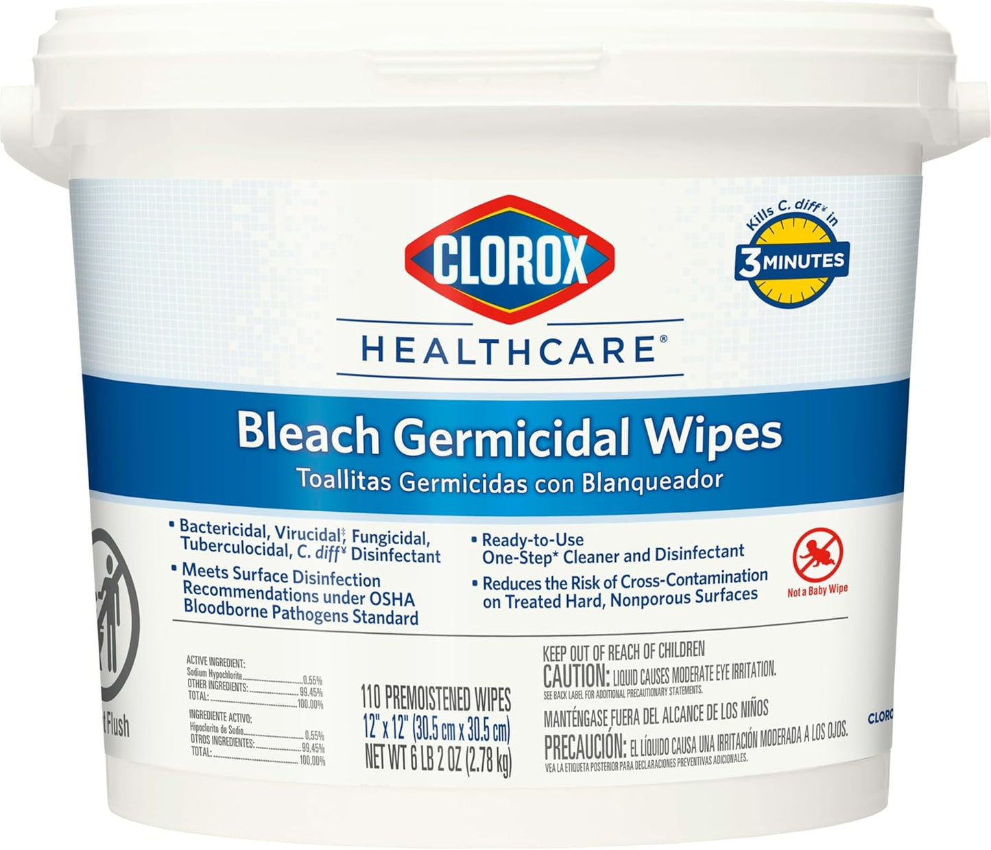 Clorox Healthcare Bleach Germicidal Wipes Bucket, 12" x 12", 110 Count Bucket (Package May Vary)