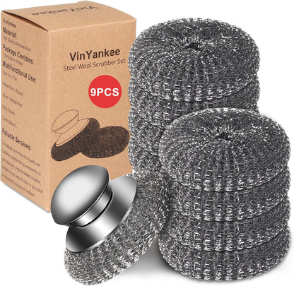 5Pcs Steel Wool Scrubber with Replacement Wire Sponge Pads Set, Stainless Steel Scrubber with Handle for Scouring Stubborn Messes from Cast Iron, Pots, Pans, Grill, Stoves, Sink(1 Scrubber+4 Pads)