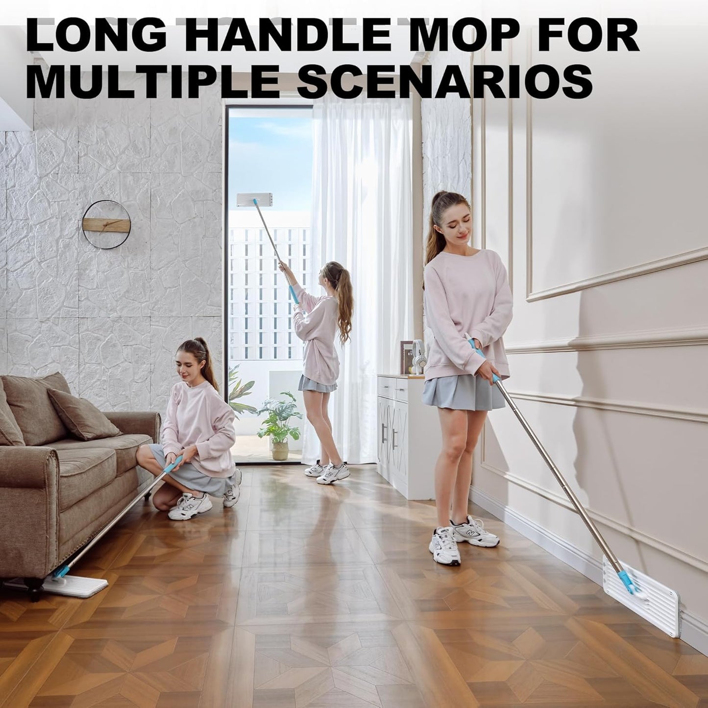 Mop and Bucket Set, Mops for Floor Cleaning with Long Handle, Squeeze Flat Mop and Bucket System, Dry & Wet Dust Mop for Household Floor Cleaning with 5 Microfiber Mops, Slate Blue