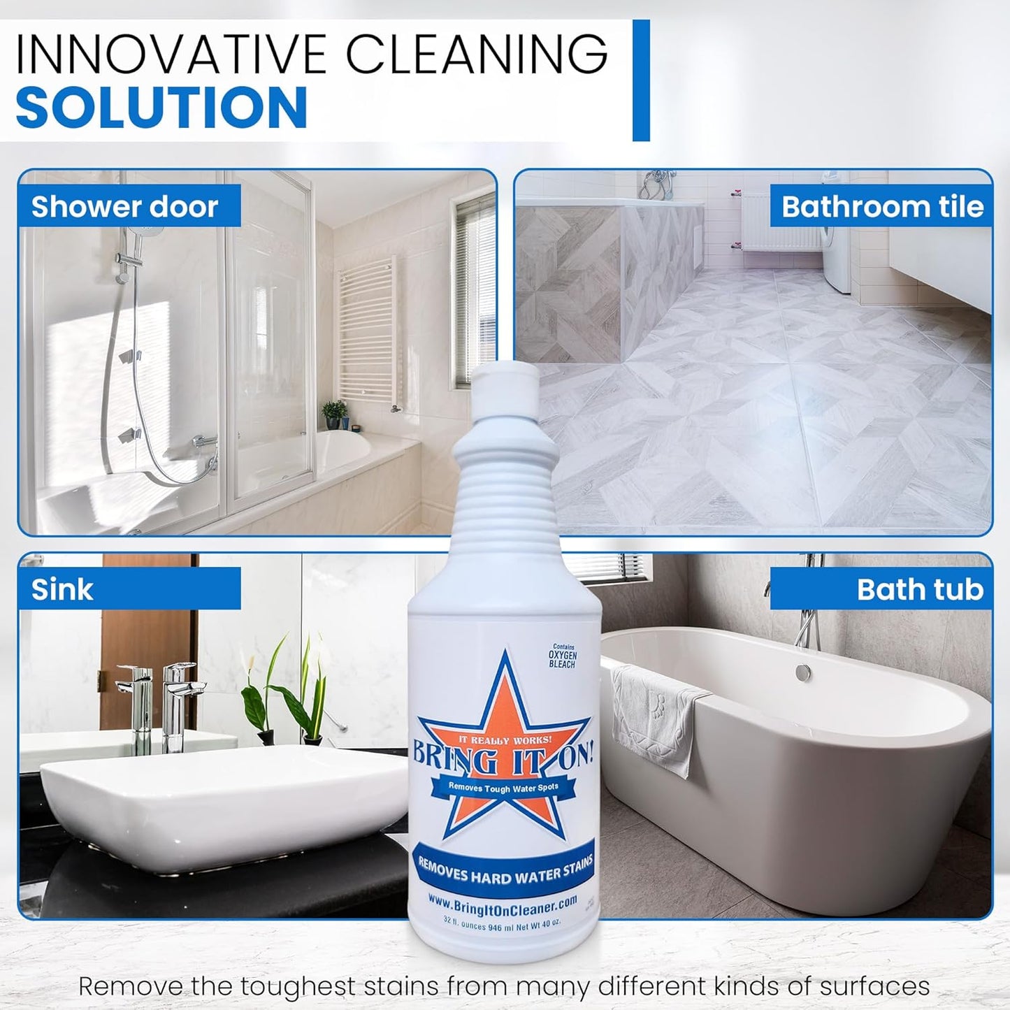 Bring It On Cleaner Hard Water Stain Remover 16 oz | Glass, Soap Scum Remover for Shower Glass, Fiberglass, Windows, Tile and Grout Cleaner, and Includes Scrubbing Drill Pads