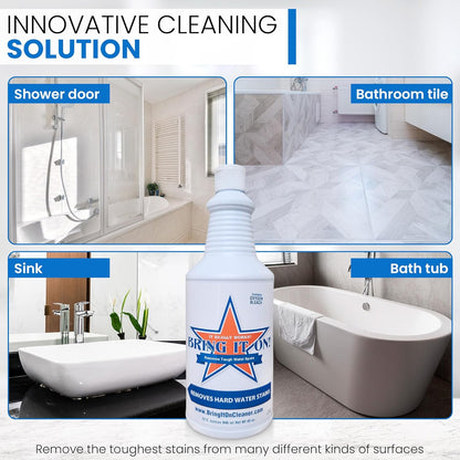 Bring It On Cleaner Hard Water Stain Remover 16 oz | Glass, Soap Scum Remover for Shower Glass, Fiberglass, Windows, Tile and Grout Cleaner, and Includes Scrubbing Drill Pads