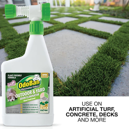 OdoBan Outdoor and Yard Odor Eliminator, Plant-Friendly Formula, Made in the USA, Clean Fresh Scent, 32 Fluid Ounce Bottle with Hose End Sprayer