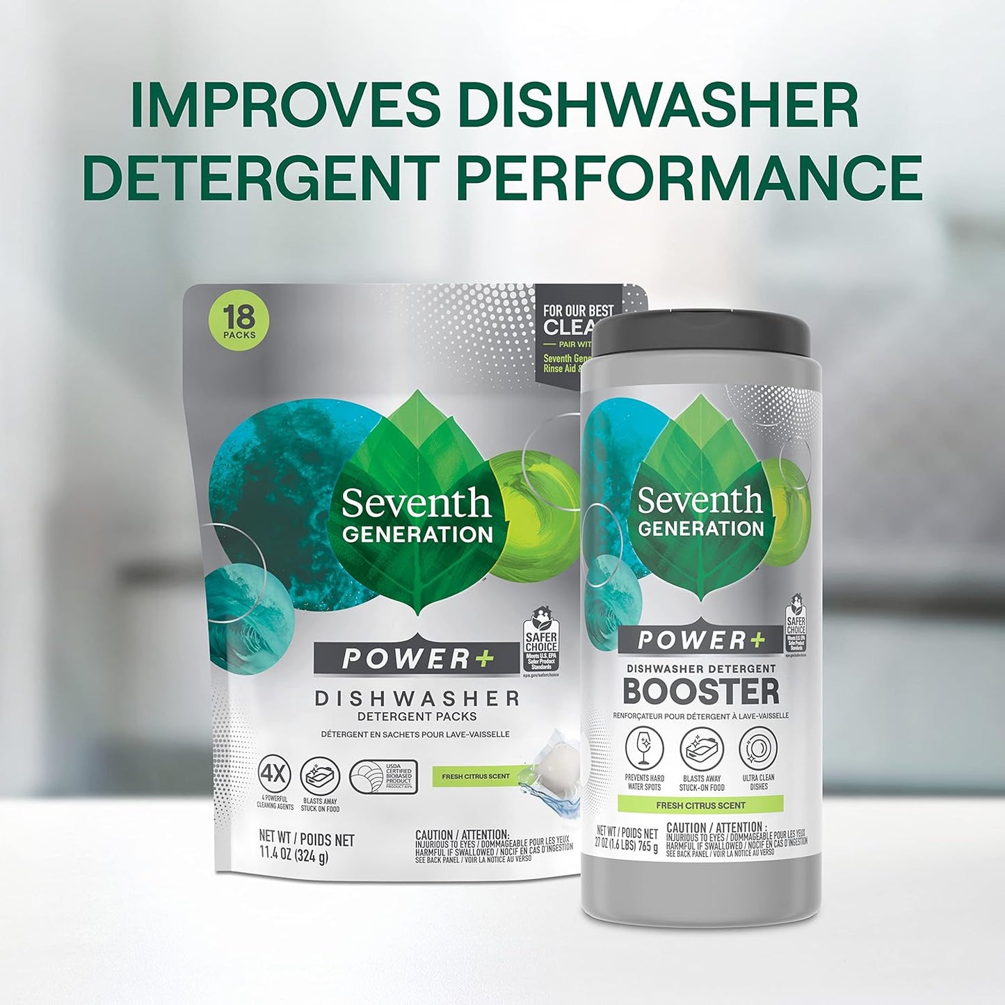 Seventh Generation Power+ Dishwasher Detergent Booster Powder, Blasts Away Stuck-On Food, Fresh Citrus Scent, 27 Oz