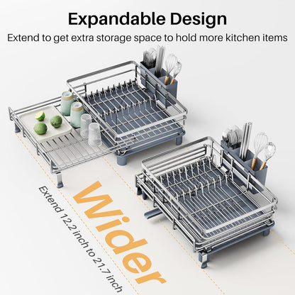 SNTD Dish Drying Rack - Extendable Dish Rack, Large Sink Drying Dish Drainer for Kitchen Counter, Stainless Steel Dish Strainer with Utensil Holder (Black)