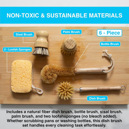 ECOHOUSE SUPPLY™ Bamboo Dish Brush Set – 6-Piece Natural Fiber Kitchen Brush Set with Loofah Sponges (No Bleach), Sisal & Palm Scrubbers – Non-Toxic, Eco-Friendly, Plastic-Free Dish Cleaning Brushes.