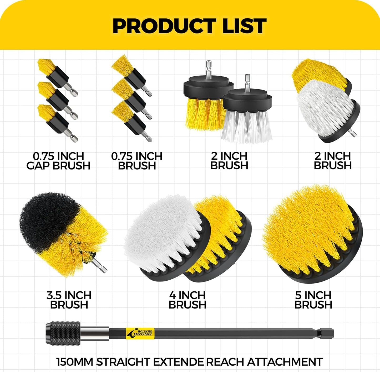 Holikme 15-Piece Drill Brush Attachment Set - Power Scrubber, Crevice, Scrub, Bathroom Gap, Grout, Tile & Kitchen Cleaning Brushes