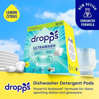 Dropps UltraWash Dishwasher Detergent Pods, Lemon Citrus (32 Ct) - Cuts Grease & Stuck-On Food | Sparkling Dishes & Glasses | Residue-Free | Clean Ingredients | No Pre-Rinse | Plastic Free Packaging