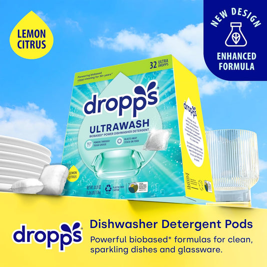 Dropps UltraWash Dishwasher Detergent Pods, Lemon Citrus (32 Ct) - Cuts Grease & Stuck-On Food | Sparkling Dishes & Glasses | Residue-Free | Clean Ingredients | No Pre-Rinse | Plastic Free Packaging