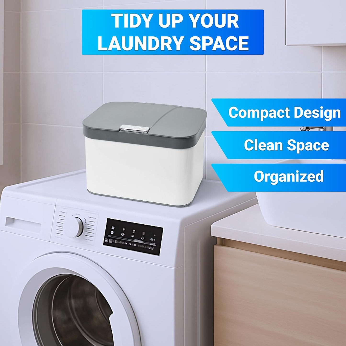 Skywin TidyFriend Laundry Pods Container with Lift Up Lid, 12.4" x 6.5" x 8.7", Airtight Storage Keeps Pods Fresh, Laundry Detergent Container & Dishwasher Pod Holder (Grey)