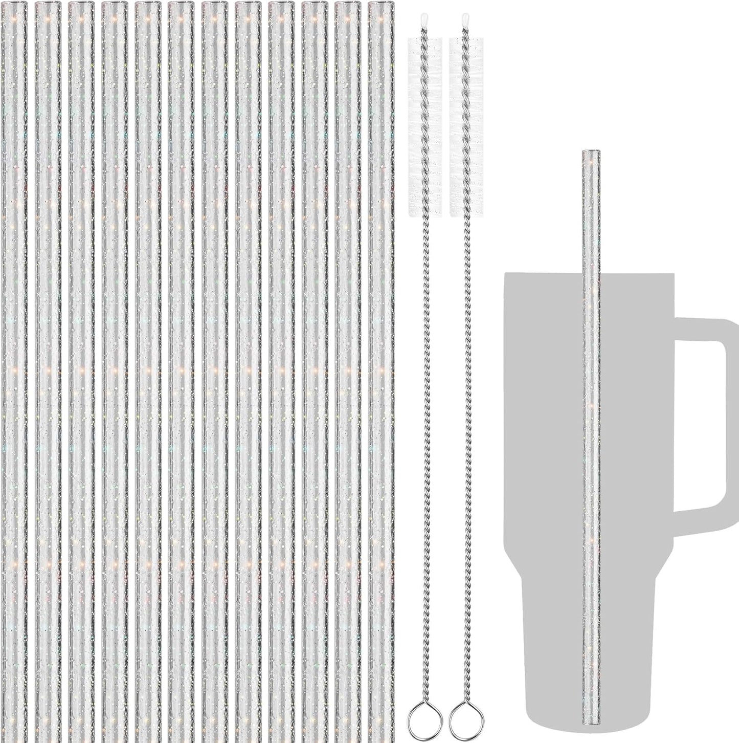 NiHome 12-Pack Glitter Replacement Straws for Stanley Tumbler 40OZ & 2 Cleaning Brushes Set, 12" Length BPA-Free Durable PETG Material for Various Beverages & Cups, Adds Sparkle to Your Drinks (Clear)